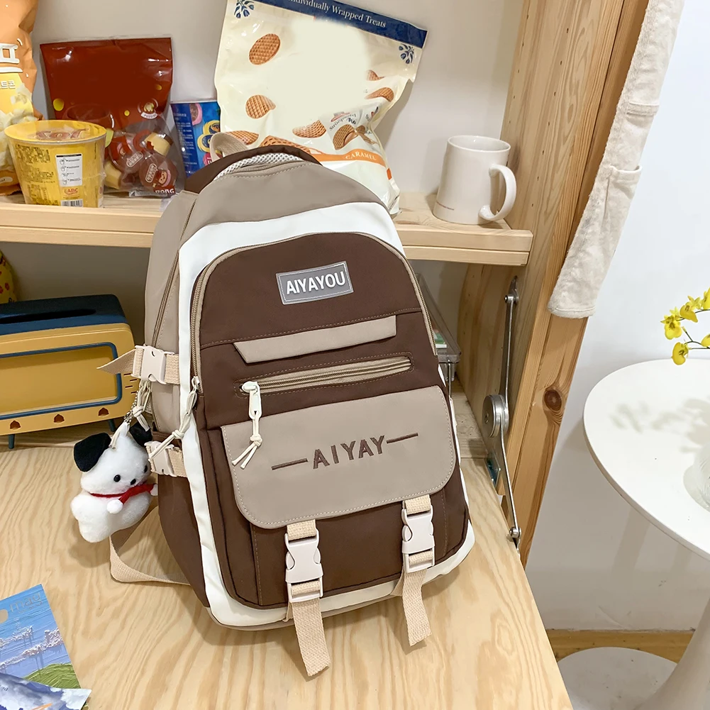 

Cute Schoolbag Large Capacity Contrast Color Woman School Book Bags with Pendant Nylon Simple Fashion Portable College Bookbag