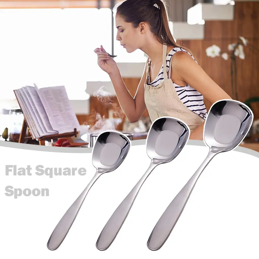 

New Big Spoon Flat Square Head Stainless Steel Spoons Soup Kitchen Flat Plain Spoon Dinner Spoon Flatware Y0U0