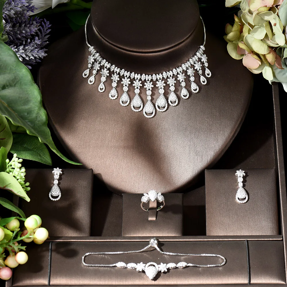 

Fashion 4pcs Bridal Wedding Water Drop Jewelry Set African Dubai White Gold Color CZ Women Party Costume Accessories N-1527