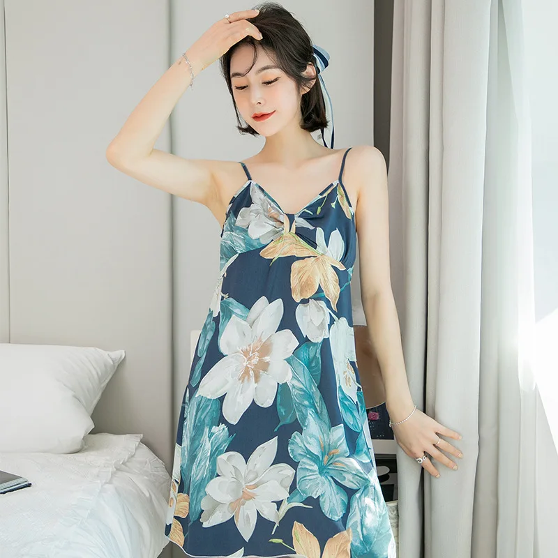 Fdfklak Korean Thin Print Floral Women Nightdress Summer Sleeveelss Sleepwear Ladies Sling Hot Lingerie Night Dress