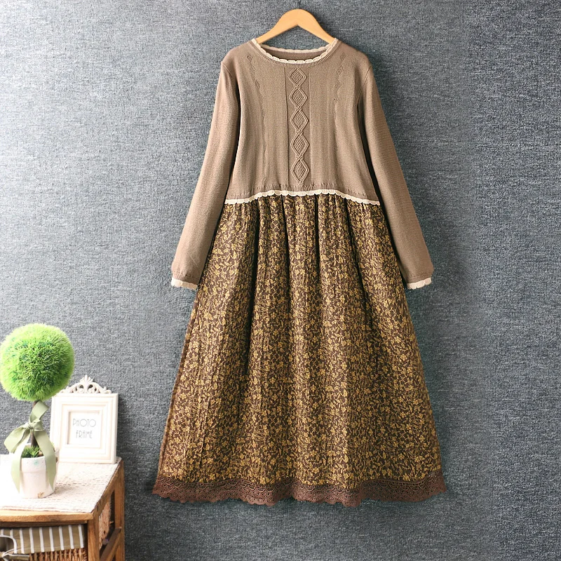 

Autumn new women's clothing Japanese small fresh round neck wool stitching cotton and linen long-sleeved dress loose long skirt