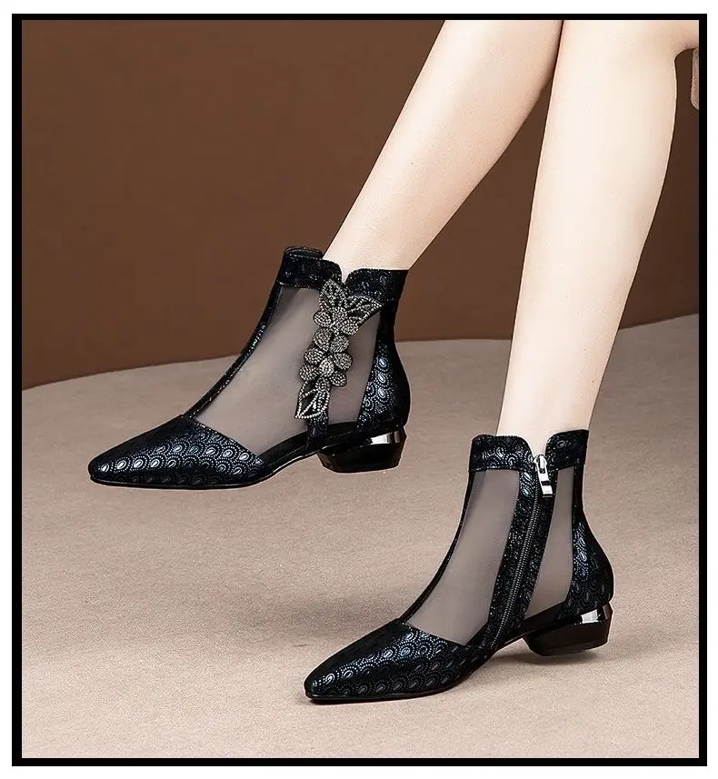 2023 Casual Sandals New Summer Sandals Pointed High Heels Women Shoes Black Lace Ankle Flower Rhinestones Zipper Flowers Fashion