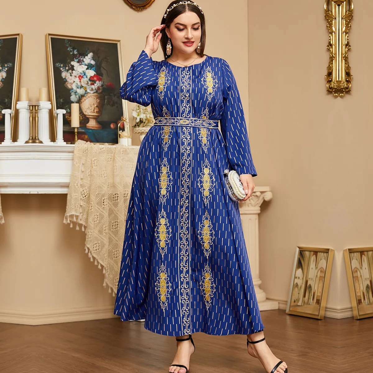 Arabic Dresses For Women Vintage Embroidery Belted Kaftan Casual Loose Maxi Long Dress Muslim Ramadan  long dresses
