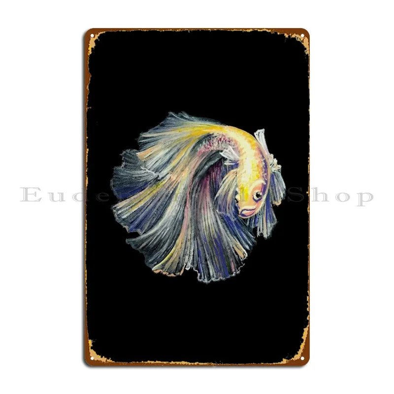 

White Betta Fish On Black Metal Plaque Poster Garage Club Kitchen Club Bar Printing Classic Tin Sign Poster