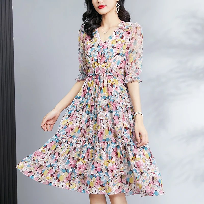 

100% Real Silk Women's Summer Dresses 2022 Elegant V-neck Half Sleeve Floral Printed Women Dress High Waist Woman Midi Dress