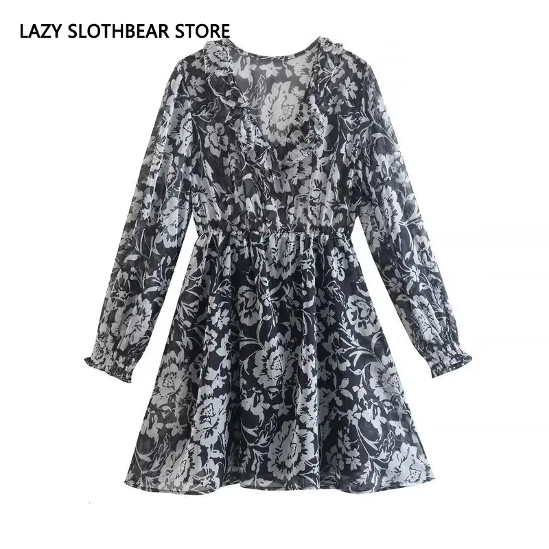 

Женское винтажное платье мини с цветочным принтом, V-образным вырезом, оборками и высокой талией