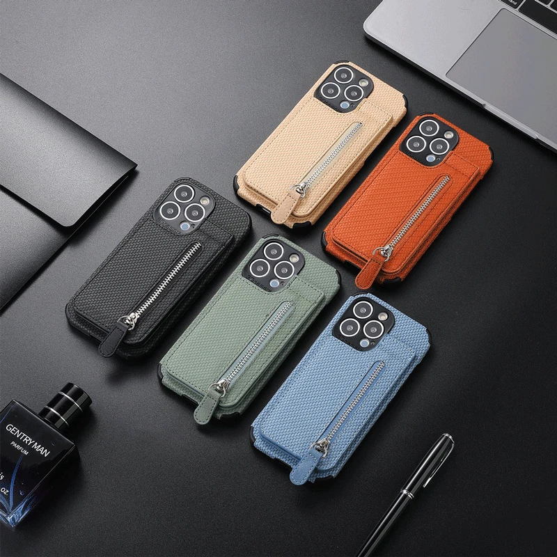 

Leather Zipper Carbon Fiber Case For iPhone 14 13 12 11 Pro Max Mini X Xs XR 6 7 8 PLUS 7P 8P 6S Magnetic Stand Card Solt Cover