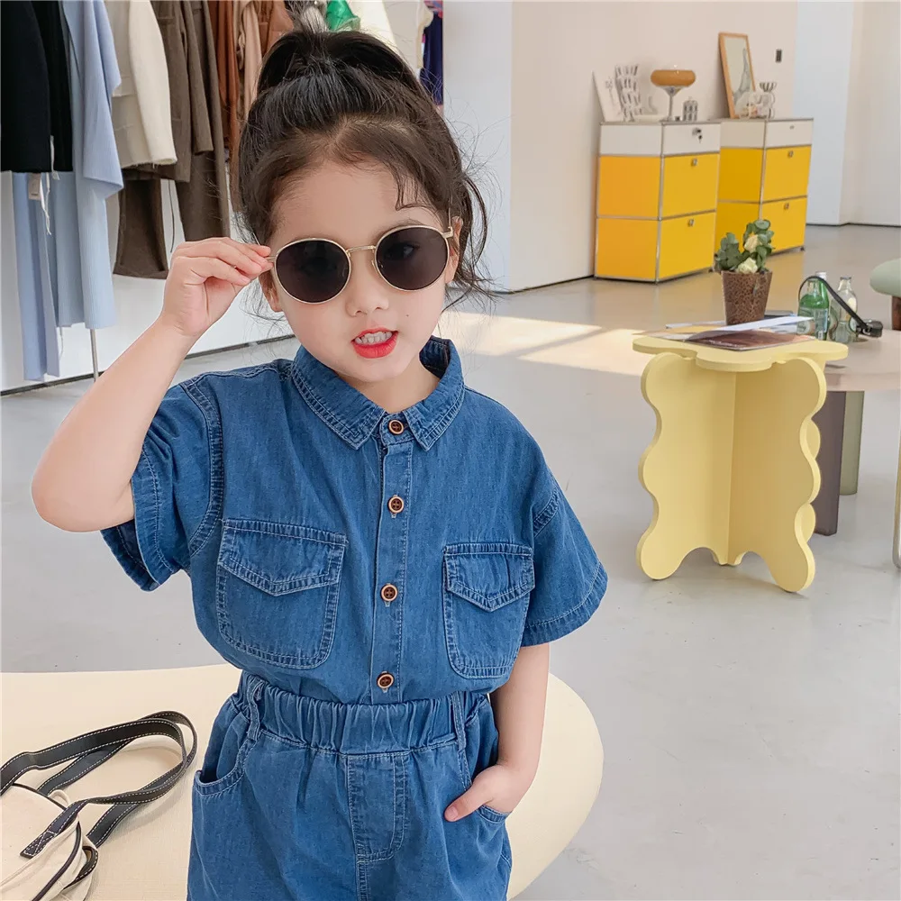 

Summer Baby girls solid color denim outfits Kids denim short sleeve shirts and loose all-match shorts Girls clothes sets