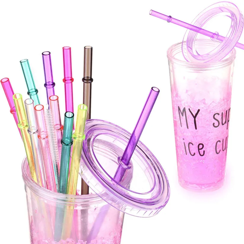 

25Pcs Reusable Plastic Straws BPA-Free Rainbow Colored Replacement Hard PP Plastic Drink Straw for Tumblers 9 In Long with Brush