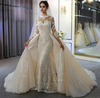 mermaid wedding dresses with detachable train high neck sheer long sleeve bridal gowns appliqued lace customed vestidos de noiva