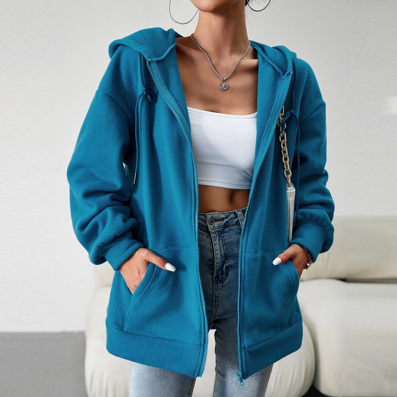 

Autumn Fleece Hoodie Loose Zip Up Women's Sweatshirts Solid Color Hooded Korean Fashion Long Sleeve Top Oversized Streetwear