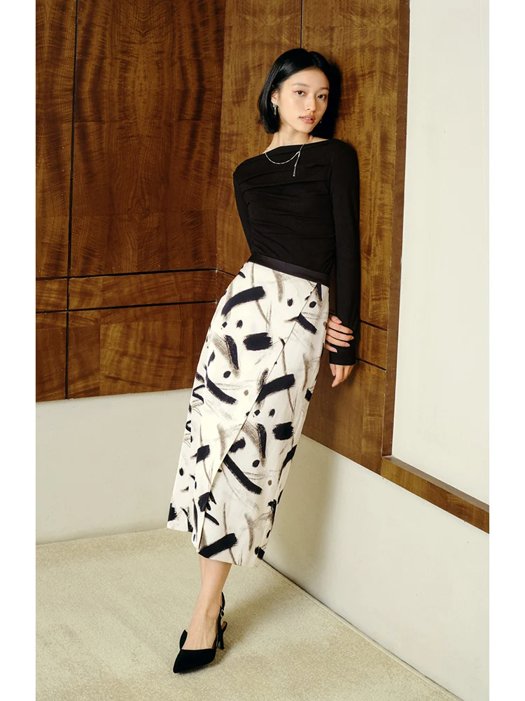 Okrągła spódnica damska ZIQIAO w chińskim stylu malowana tuszem jesień 2023 nowym z wysokim stanem średniej długości