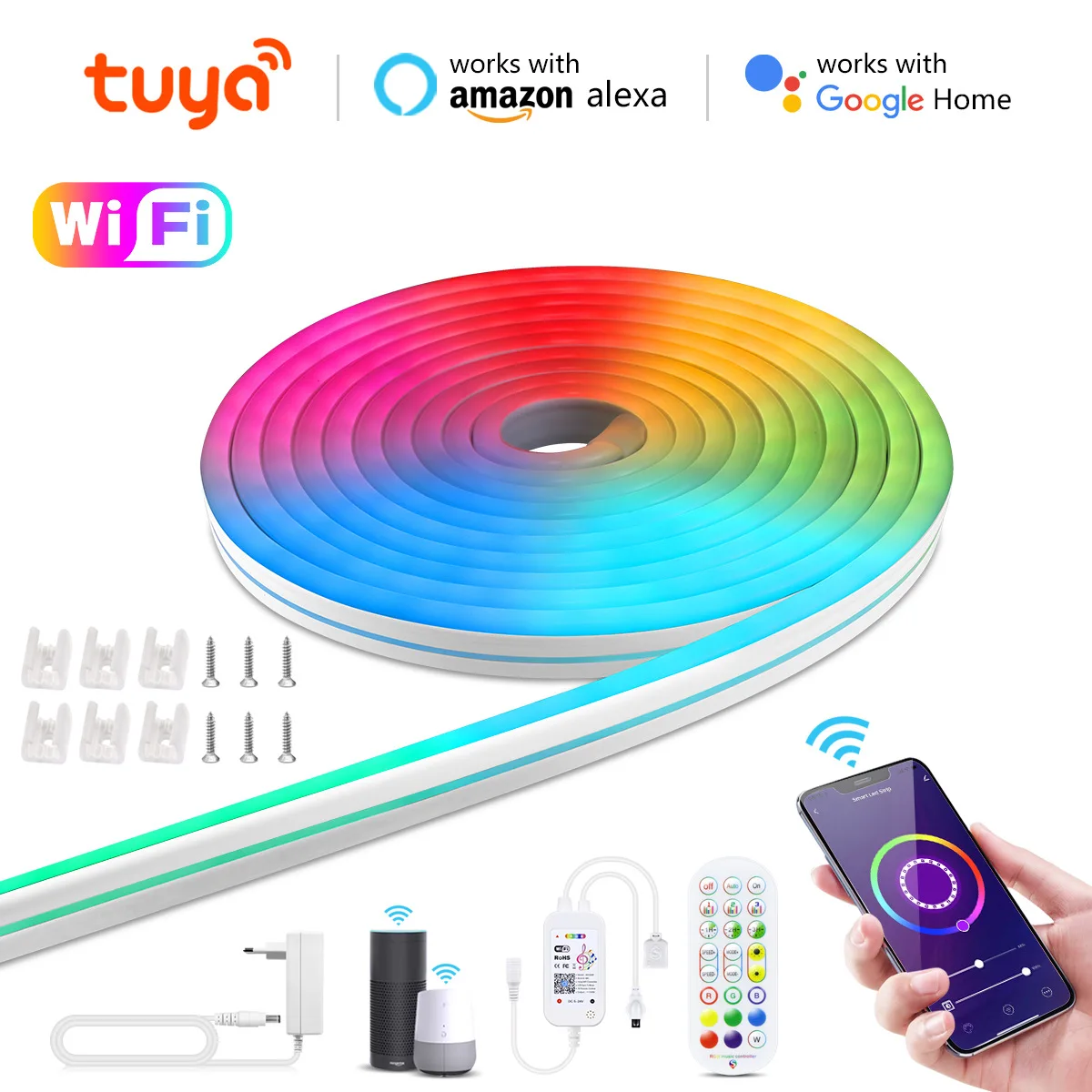 

12V LED Strip Neon Lights Tuya WIFI Bluetooth Smart Control Waterproof Chasing Effect RGB Neon Light Work with Alexa Google Home