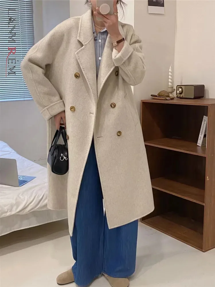 

LANMREM 2023 зимние новые шерстяные Длинные куртки женские модные двубортные однотонные пальто с отложным воротником корейский стиль 2AA3383