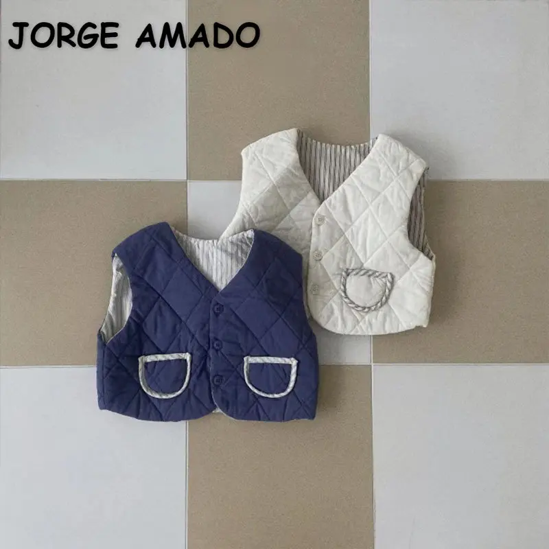 

New Winter Baby Girl Boy Waistcoat Blue White Sleeveless V-neck Fleece Vest Thick Pocket Coat Newborn Clothes E32008