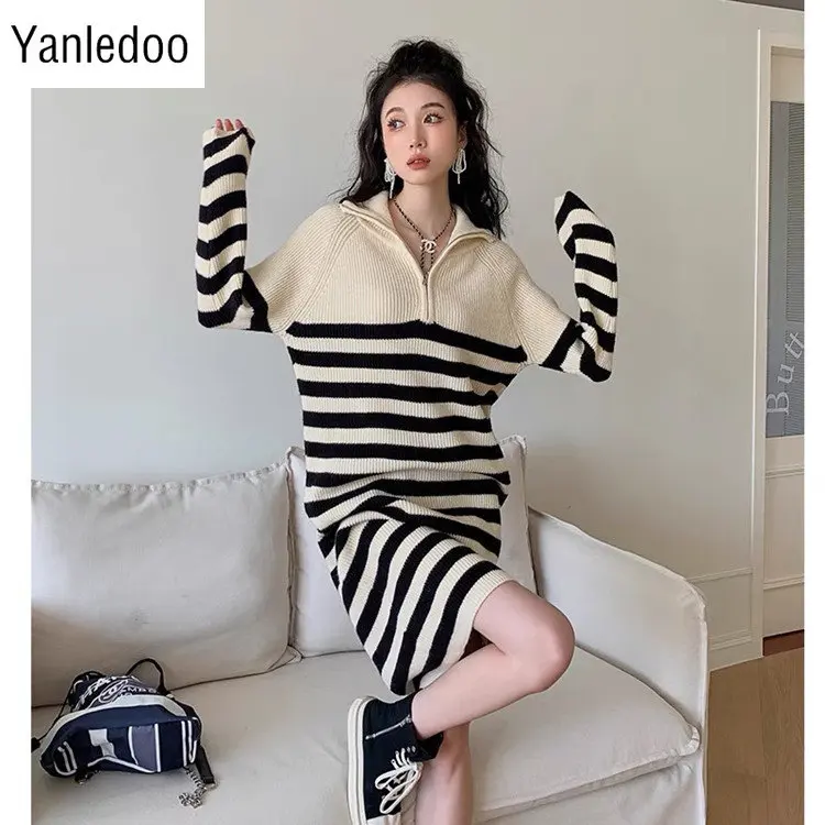 

Women Over Knee Wool Dress Zipper Stripe Shows Thin and Gentle Feeling Knitted Sweater New Winter Korean Medium Length Clothing
