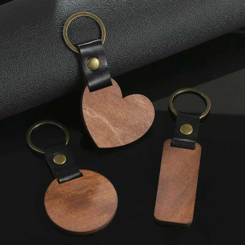 

Wood PU Leather Keychain For Men Women Heart Round Shape Pendant Keychain For Keys Jewelry Accessories