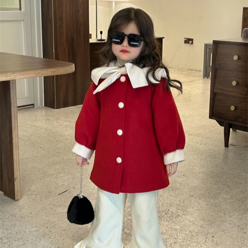 

Girls Woolen Coat Overcoat Jacket Windbreak 2023 Red Warm Plus Thicken Winter Cotton School Gift Children's Clothing