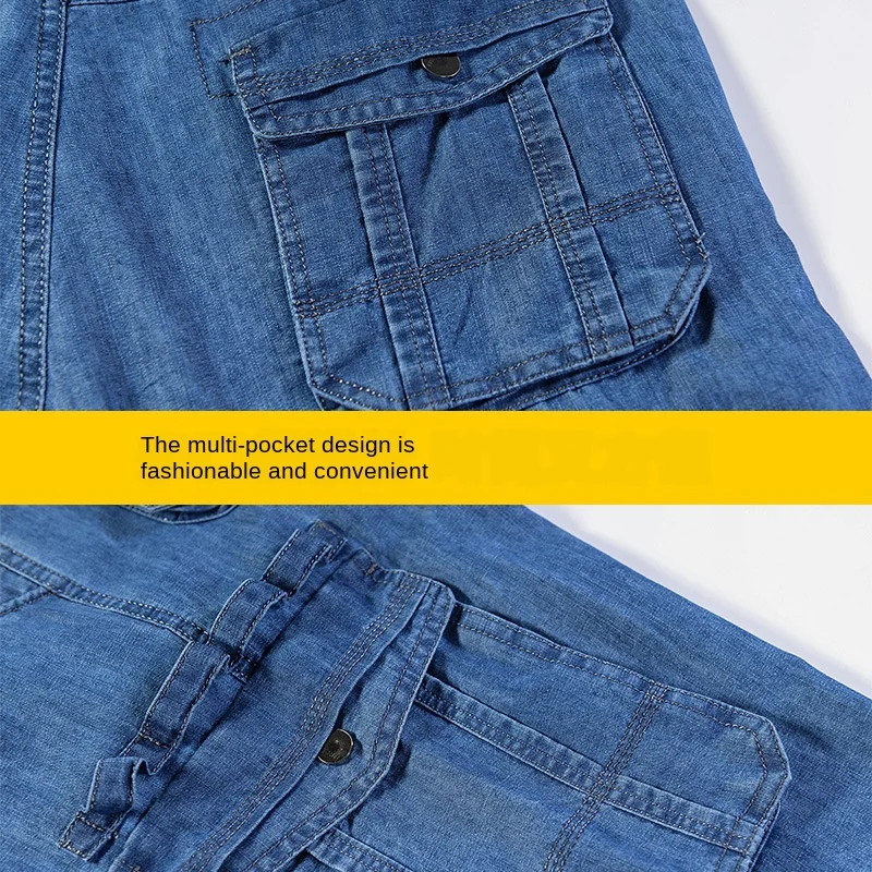 Jeans Shorts Men's Summer Breeches 2022 Multi Side Pocket Casual Bermuda Male Straight Long Blue Denim Loose Cargo Shorts Men images - 6