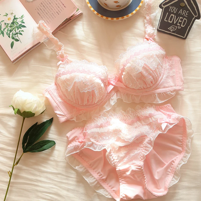 Girls lolita my melody lace bra panty set thin big lingerie steel ring deep V comfortable sweet cute pure bralette brief