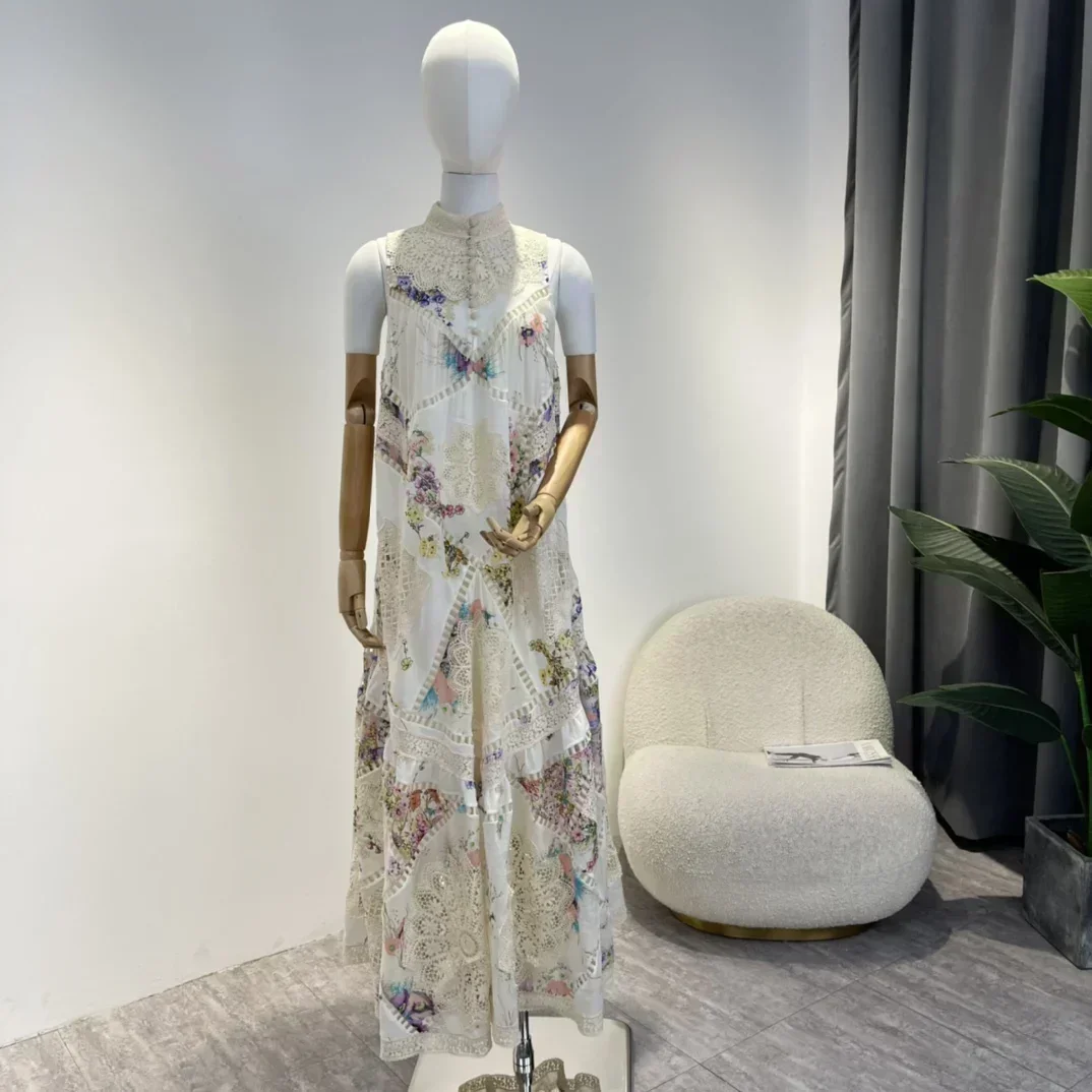 

2022 Summer Autumn Top Quality Ramie Floral Printing Embroidery Hook Flower Hollow Long Dress Women