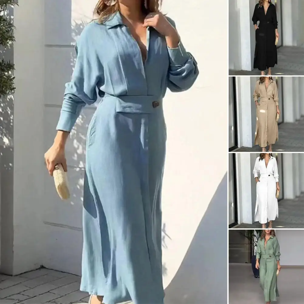 Шикарное Однотонное Платье макси с длинным рукавом платье-рубашка длиной до