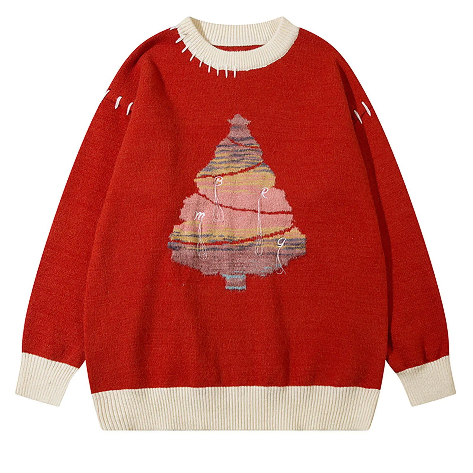 

Women's Christmas Red Loose Long Sleeve Couples Knitted Sweater Round Neck Pullover Mens Sweater Business