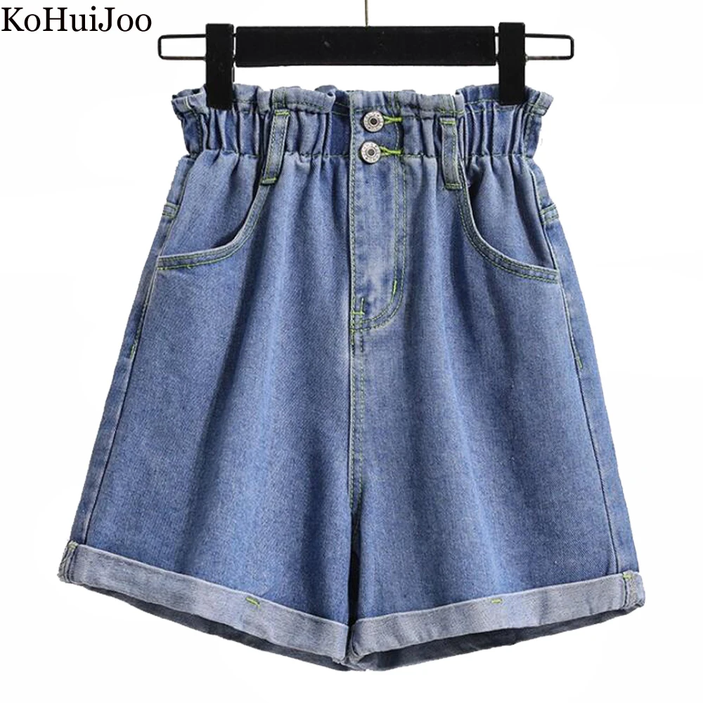 

KoHuiJoo S-5XL Large Size Denim Shorts Women 2022 Elastic Waist Summer New High Waist Loose Washed Cuffs Casual Jean Shorts