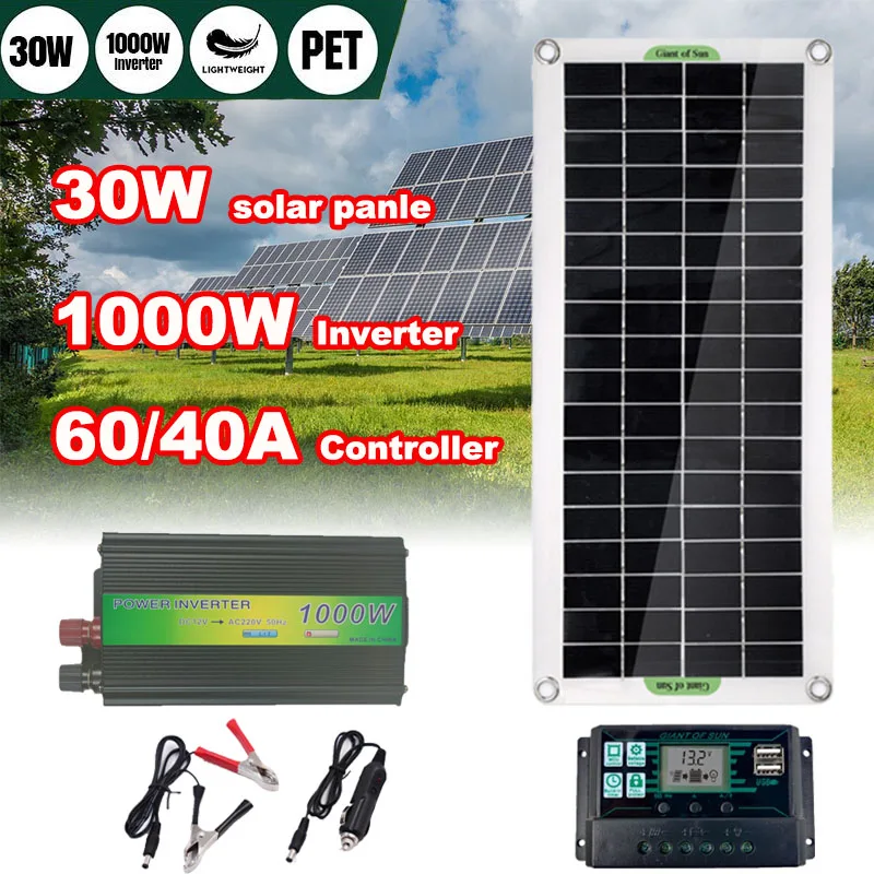 

Система солнечных панелей 12 В/24 В, 30 Вт, заряд батареи солнечной панели, контроллер 1000 А, комплект солнечных инверторов Вт, полное производство энергии