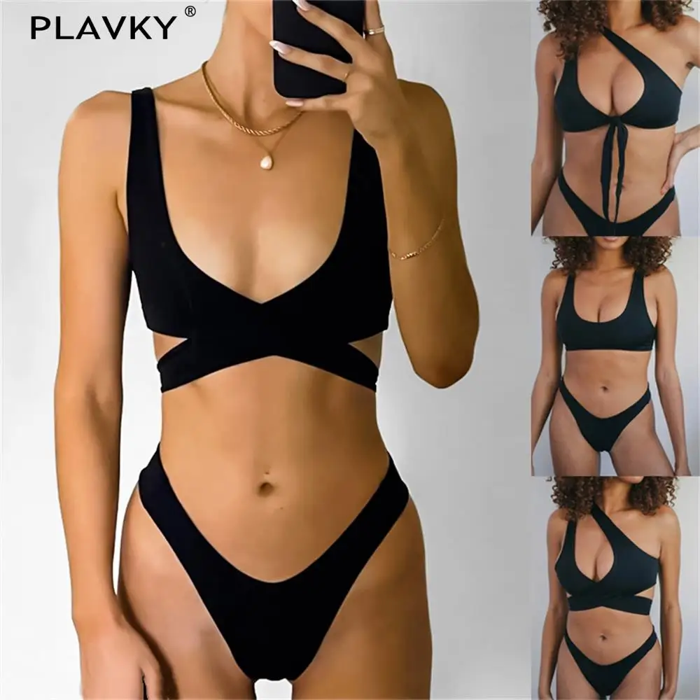 

PLAVKY Women Sexi Solid Bandage Thong Bikini Set Multiway To Wear Swimsuit Swimwear Sexy 2021 Summer Beach Swim Bathing Suit