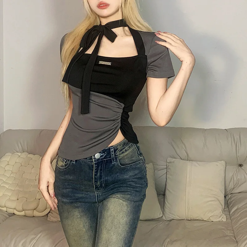 

2023 Spring New Women's Solid Color Slim Fit Street Fashion Square Neck Pleated Short Sleeve Streetwear T-shirt