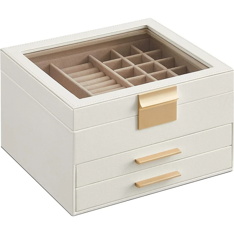 Mothers Day Gifts - Jewelry Box with Glass Lid, 3-Layer Jewelry Organizer, 2 Drawers, Jewelry Storage, Lots of Storage Space