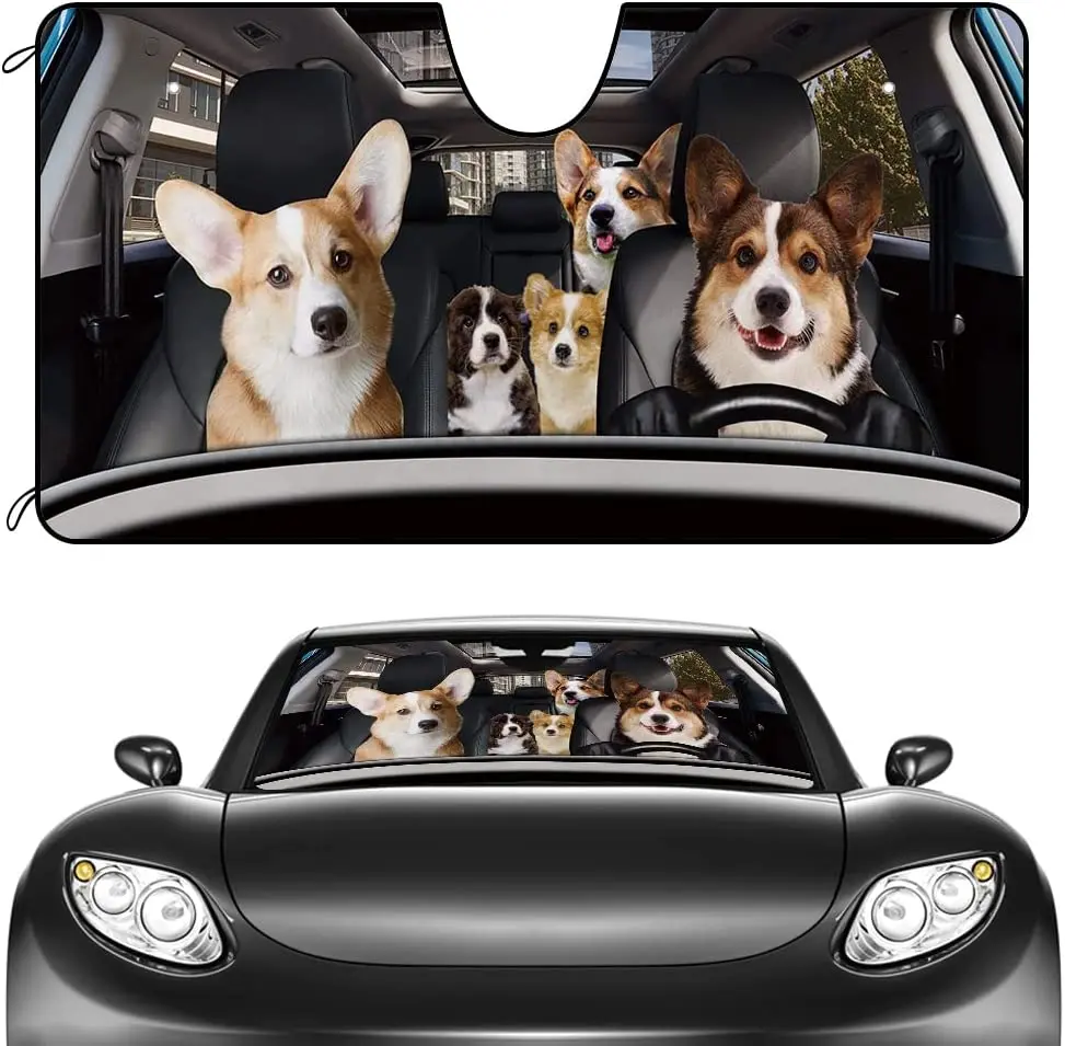 

CafeTime Dog Car Front Windshield Sunshade Corgi Family Decor Vehicle Sun Shade Visor UV Ray Reflector Sun Protector, Keep Vehic