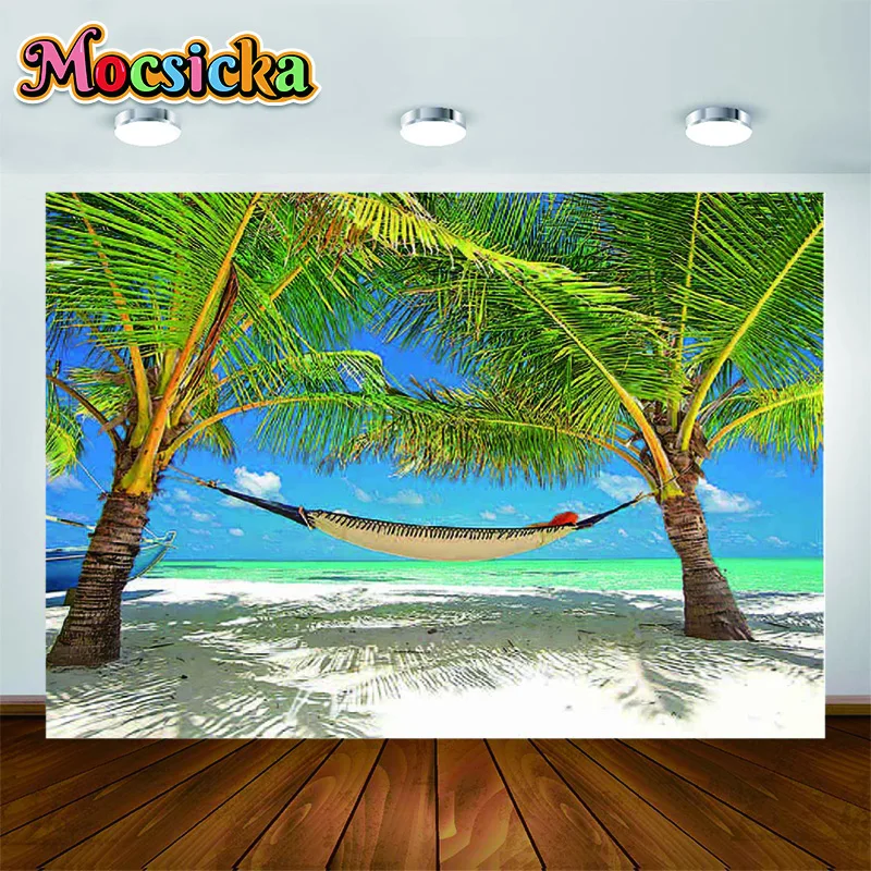 

Summer Coconut Trees Landscape Backgrounds Hawaii Aloha Beach Blue Sky Backdrops for Photography Professional Photo Studio Props