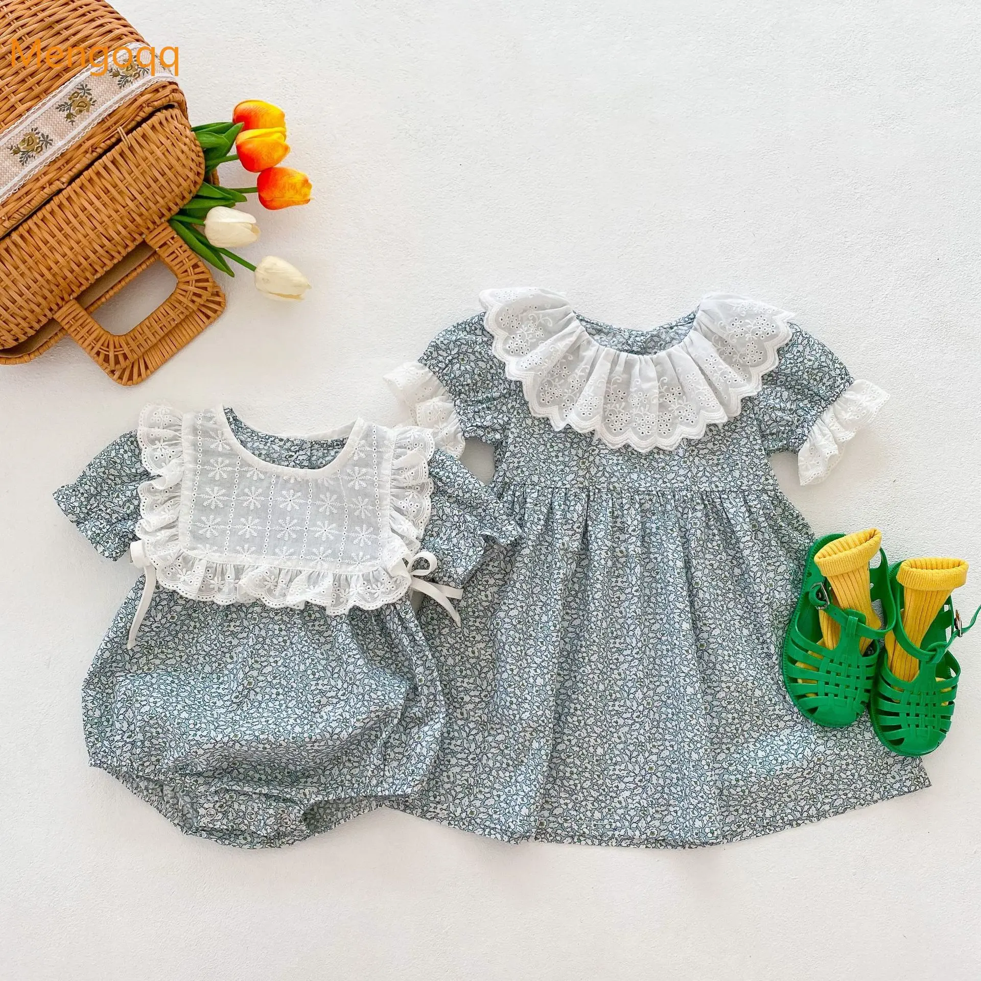 

Sister and Me Summer Kids Baby Girls Short Sleeve Flower Top Bodysuits+bibs Children Knee-length Dress Infant Casual Clothing