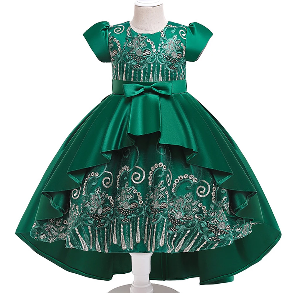 

Summer Flower Embroidery Party Girl Dresses Bow Trailing Wedding Birthday Princess Kids Dress for Girl Bridesmaid Christmas Gown