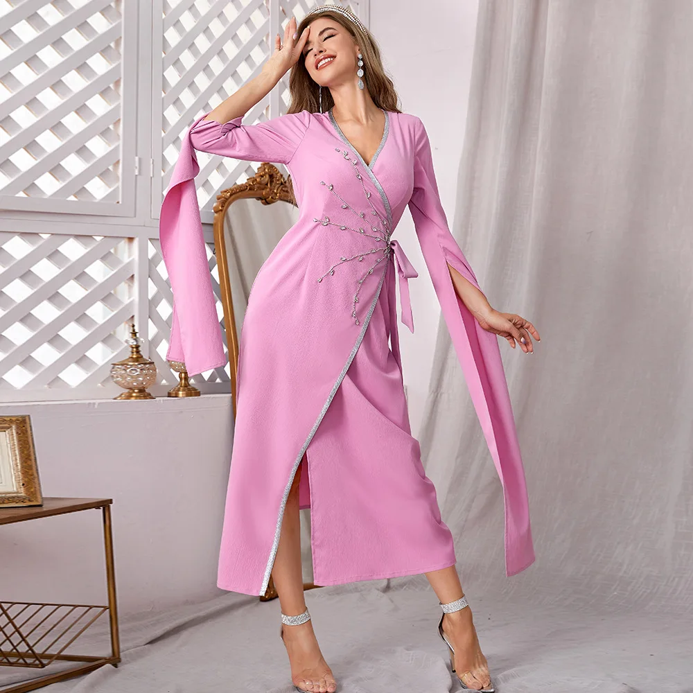 Women's Spring and Summer Muslim Middle Eastern Arab Party Pink Fashion V-neck Designer Hand Sewn Diamond Floating-Sleeved Skirt