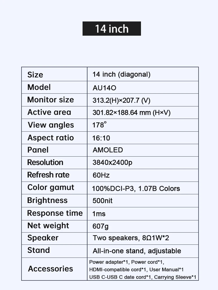 Портативный монитор 14 дюймов 4K OLED 16:10 3840*2400p 500Nits USB-C HDMI-совместимый внешний