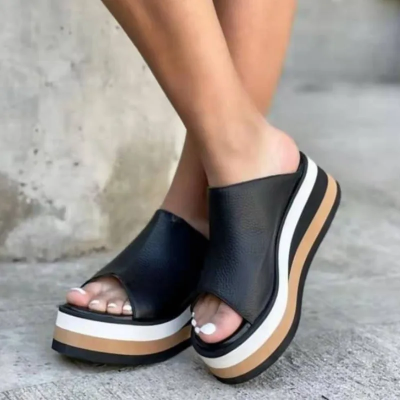 Platform Wedge Sandals Women's Slippers 2023 Summer Leather Slippers for Women Light Open Toe Plus Size Shoes Pantuflas De Mujer