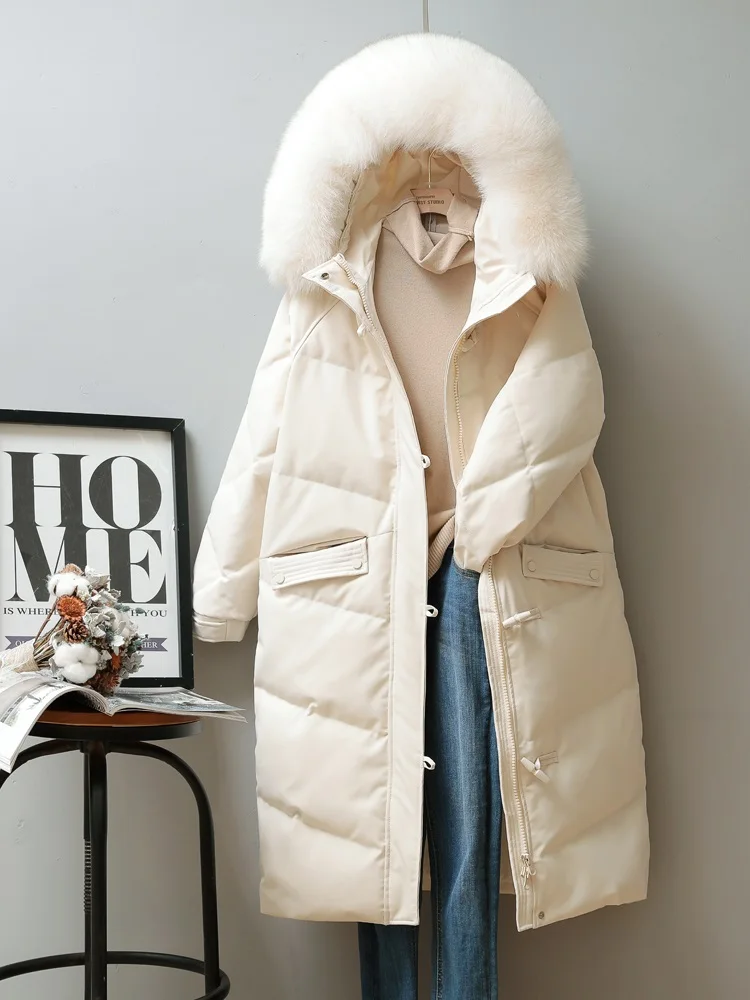 Women Long Down Jacket New Casual Style Fox Fur Collar White Duck Down Jackets Autumn Winter Coats And Parkas Female Outwear