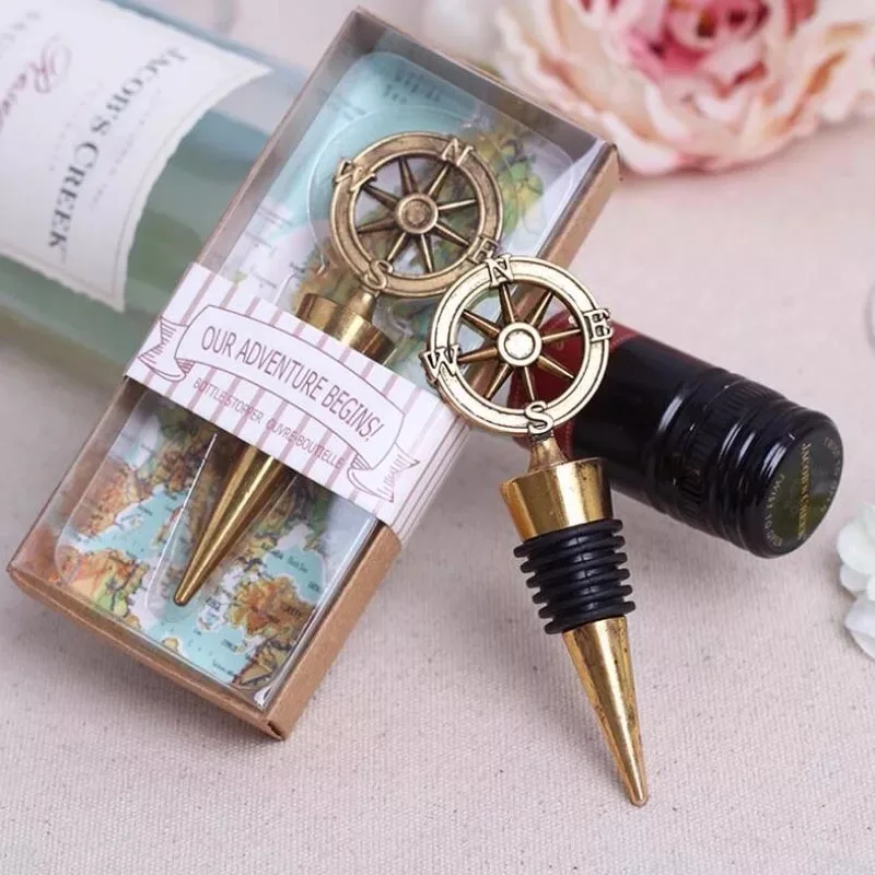 

10PCS X Wholesales Our Adventure Begins Antique Gold Compass Bottle Stoppers In Gift Box Destination Wedding Favors