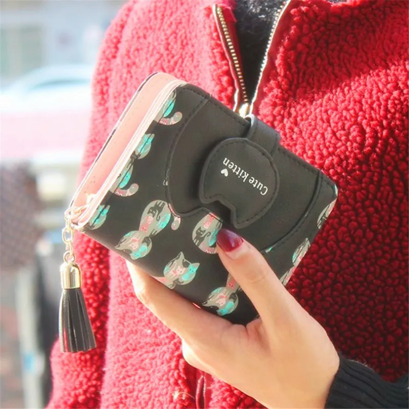 

Cute Short Wallet Girl Cat Multi Functional Women's Folding Wallet Two Fold Zippered Wallet Purses for Women Coin Purse