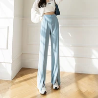slit suit pants womens spring and summer korean version elegant elastic elastic high waist light blue straight casual pants