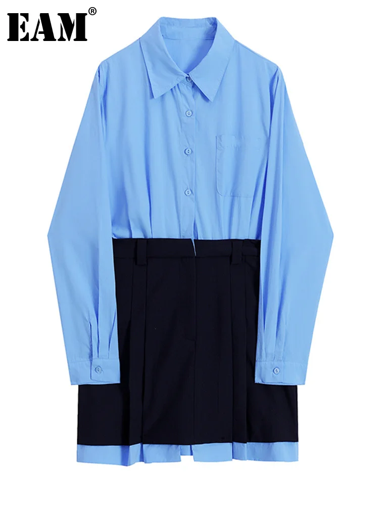 

[EAM] Women Blue Color-block Big Size Shirt Dress New Lapel Long Sleeve Loose Fit Fashion Tide Spring Autumn 2023 1DF4991