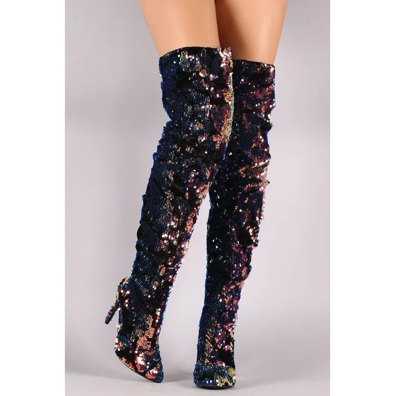 Яркие сапоги до бедра с блестками павлина женские выше колена на высоком