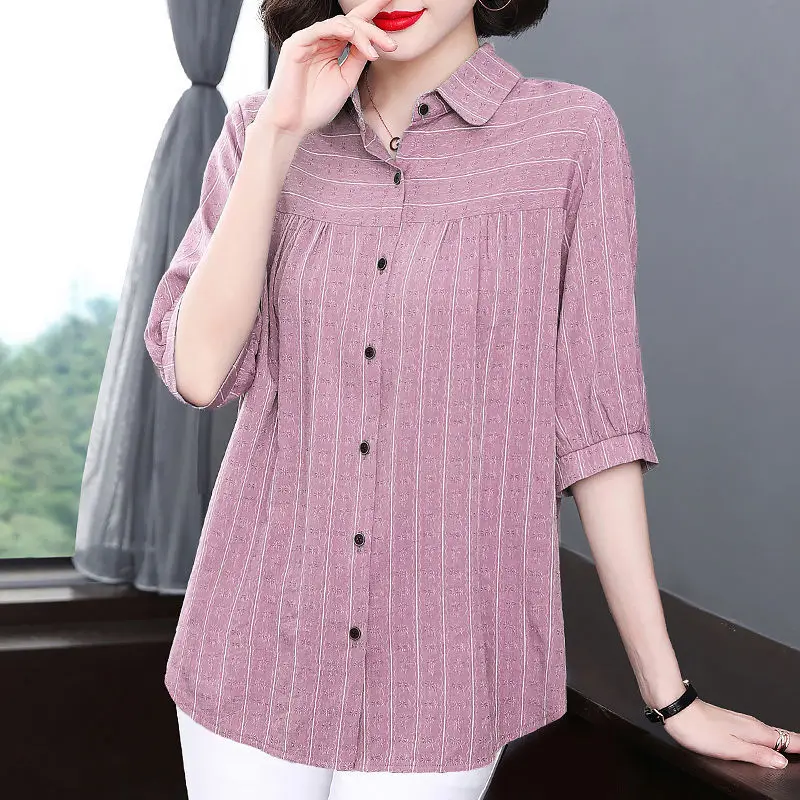 

Korean Style Fashion Tops Women Summer Oversize POLO Collar Striped Half Sleeve Blouse Ladies Casual Loose Single Breasted Shirt