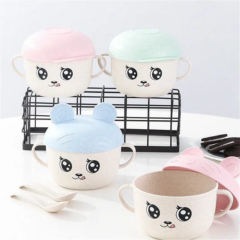 

2Pcs/Set Baby Feeding Food Tableware Wheat Cartoon Kids Dishes Children Eating Dinnerware Set Anti-hot Plate Training Bowl+spoon