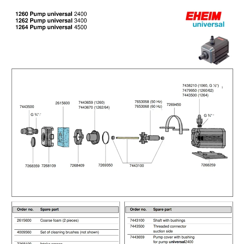 Насос EHEIM 1046 1048 1250 1252 1253 1260 1262 1264 300 Универсальный 600 1200 2400 3400 4500 запасные части