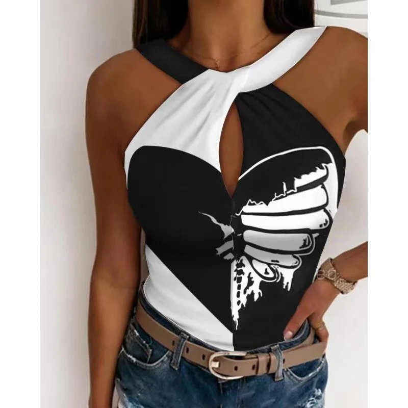 

Женская ажурная блузка без рукавов, элегантная летняя рубашка с принтом, с лямкой на шее и открытыми плечами