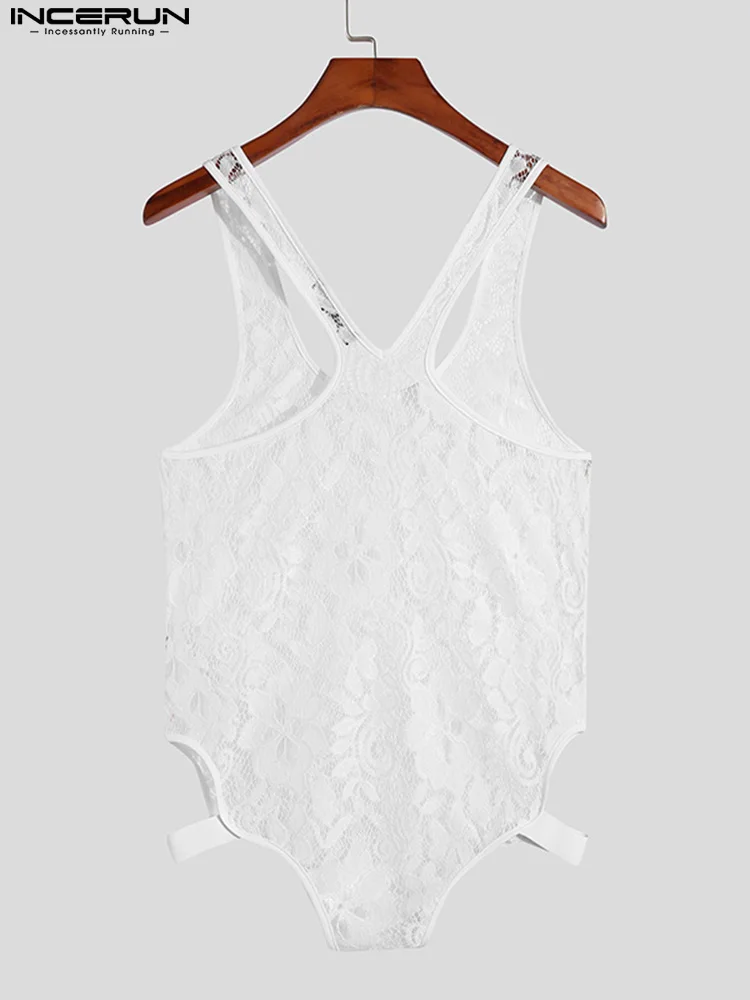 Fashion Homewear Men's Printing Jumpsuit INCERUN 2022 Stylish Male See-though Loose Comfortable Lace Sleeveless Bodysuits S-5XL